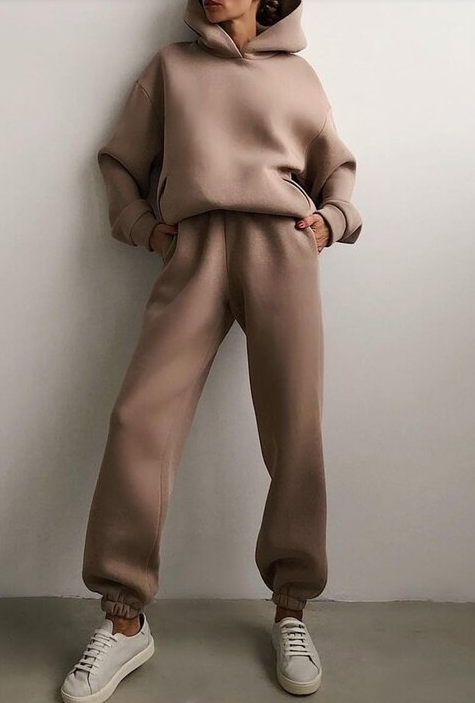 Costum Casual la Modă în Două Piese cu Glugă Unicolor