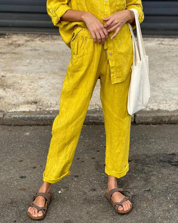 Set Casual în Două Piese Unicolor din Bumbac-In cu Cămașă cu Decolteu V și Pantaloni