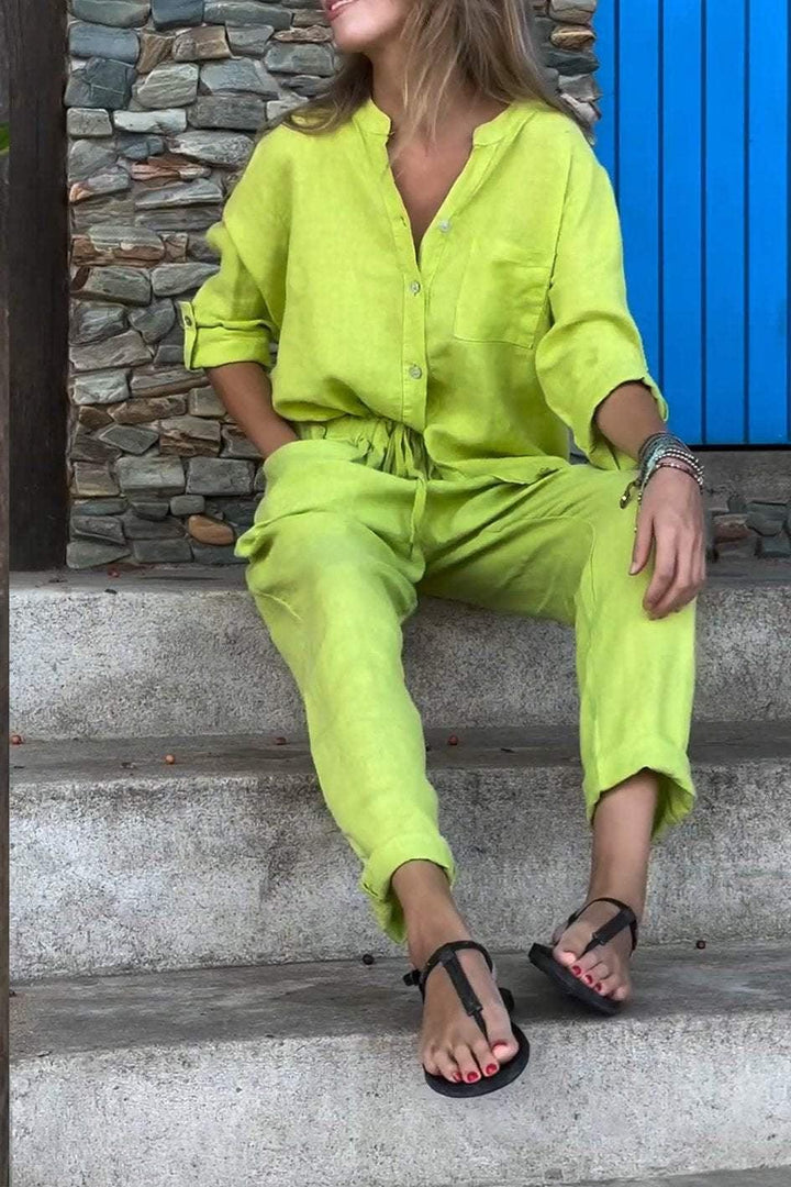 Set Casual în Două Piese Unicolor din Bumbac-In cu Cămașă cu Decolteu V și Pantaloni