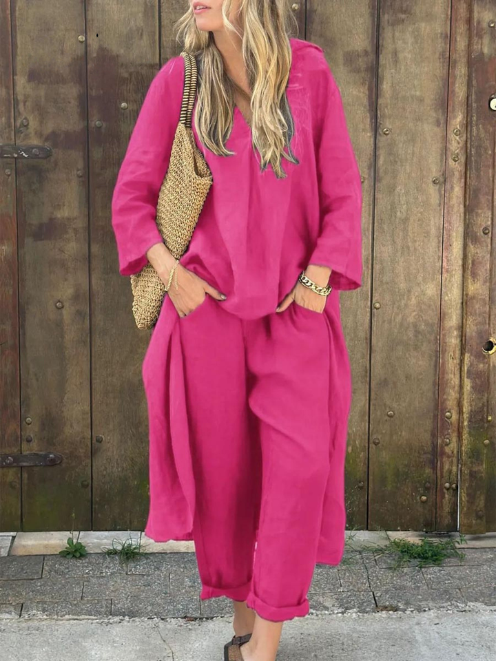 Set din In cu Top Lejer cu Decolteu V Neregulat și Pantaloni Largi cu Buzunare și Talie Înaltă