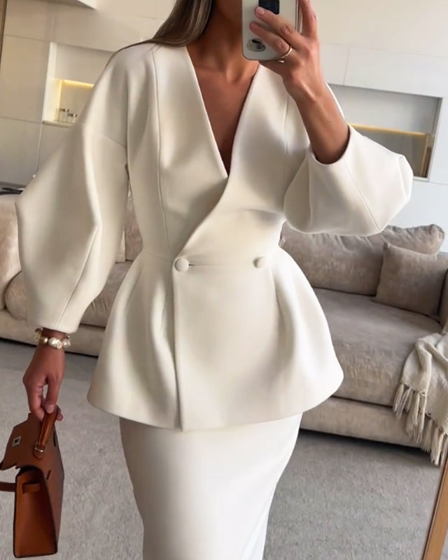 Set la Modă în Două Piese Unicolor cu Top cu Decolteu V și Fustă