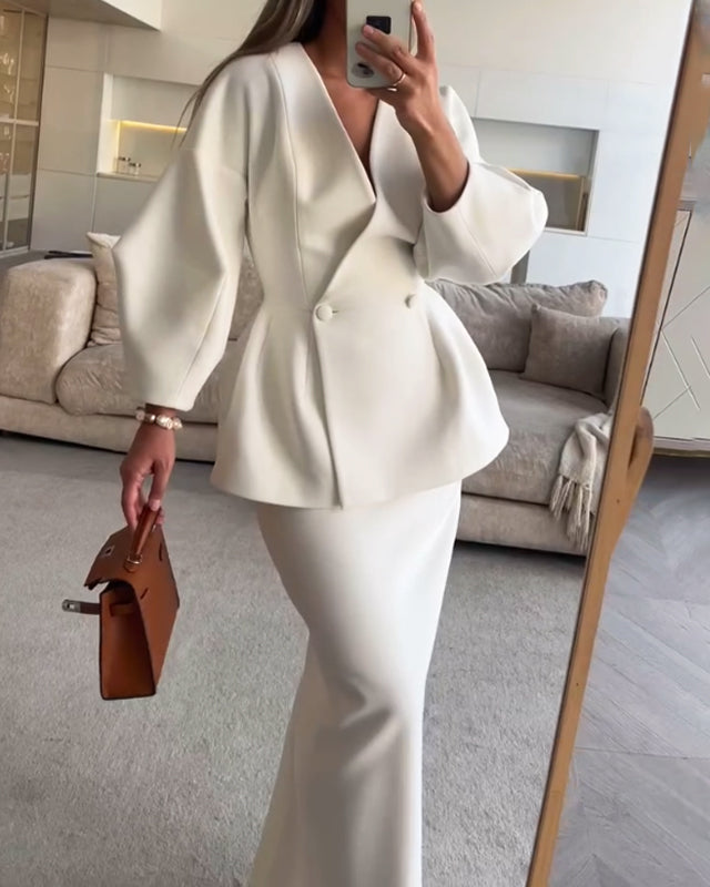 Set la Modă în Două Piese Unicolor cu Top cu Decolteu V și Fustă