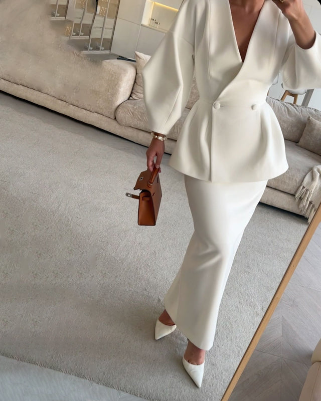 Set la Modă în Două Piese Unicolor cu Top cu Decolteu V și Fustă