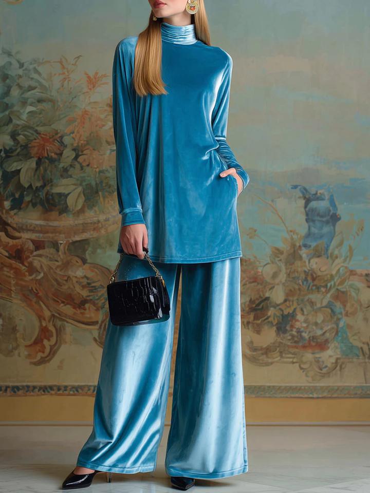 Set Casual Lejer Albastru din Catifea cu Guler Înalt