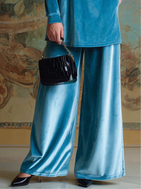 Set Casual Lejer Albastru din Catifea cu Guler Înalt