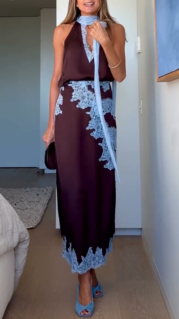 Set Costum Elegant Maro-Albastru cu Top cu Panouri din Dantelă și Fustă