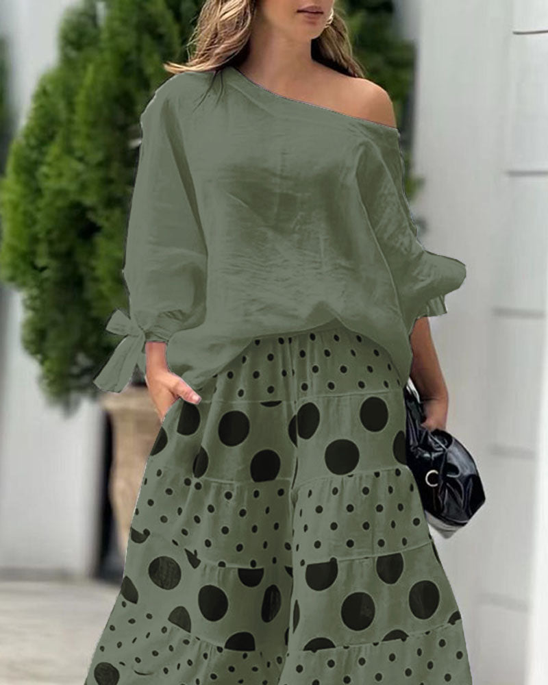 Set Casual în Două Piese cu Top pe Umăr și Pantaloni Imprimați