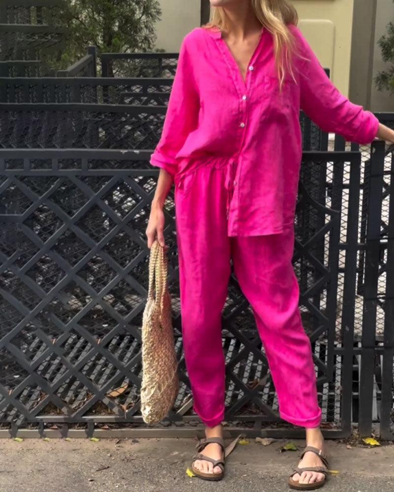 Set Casual în Două Piese Unicolor din Bumbac-In cu Cămașă cu Decolteu V și Pantaloni