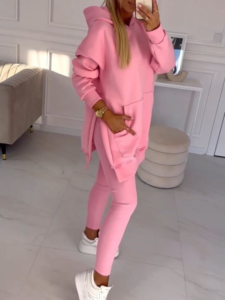 Set la Modă în Două Piese cu Hanorac Unicolor și Colanți Căptușiți