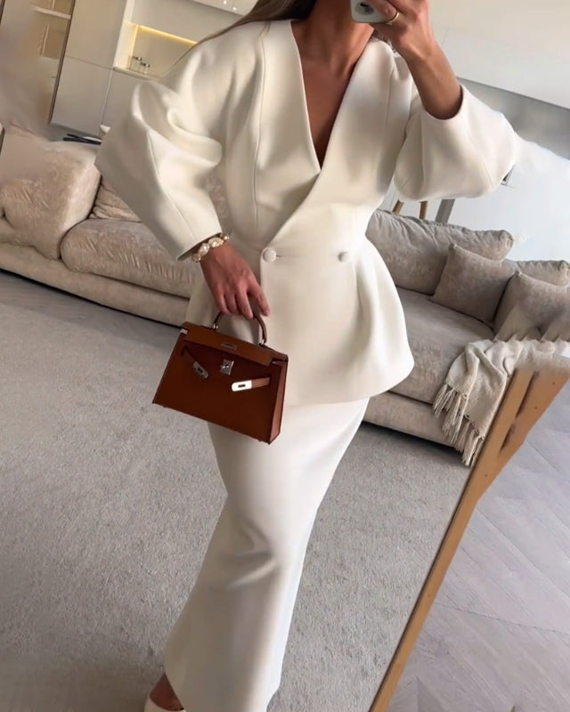 Set la Modă în Două Piese Unicolor cu Top cu Decolteu V și Fustă