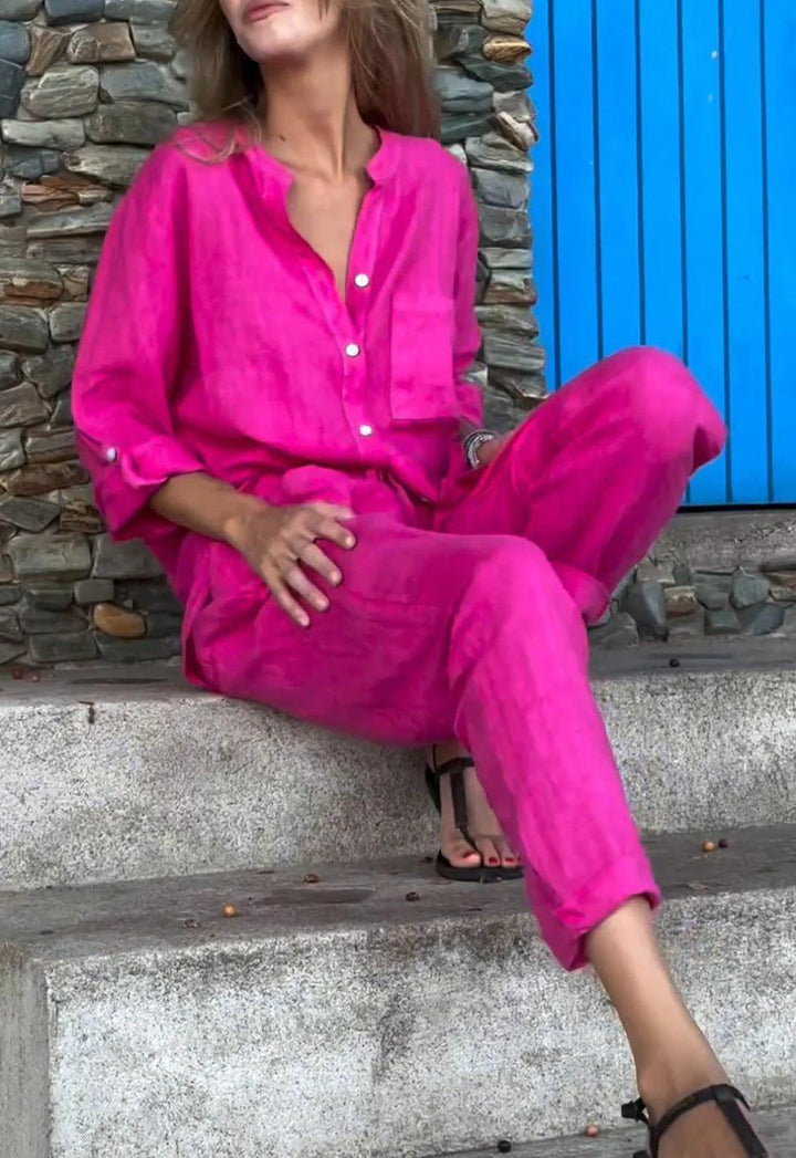 Set Casual în Două Piese Unicolor din Bumbac-In cu Cămașă cu Decolteu V și Pantaloni