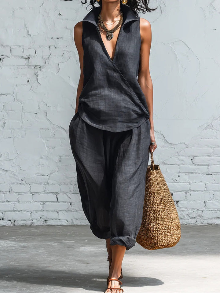 Set Simplu în Două Piese cu Cămașă cu Guler și Pantaloni Largi