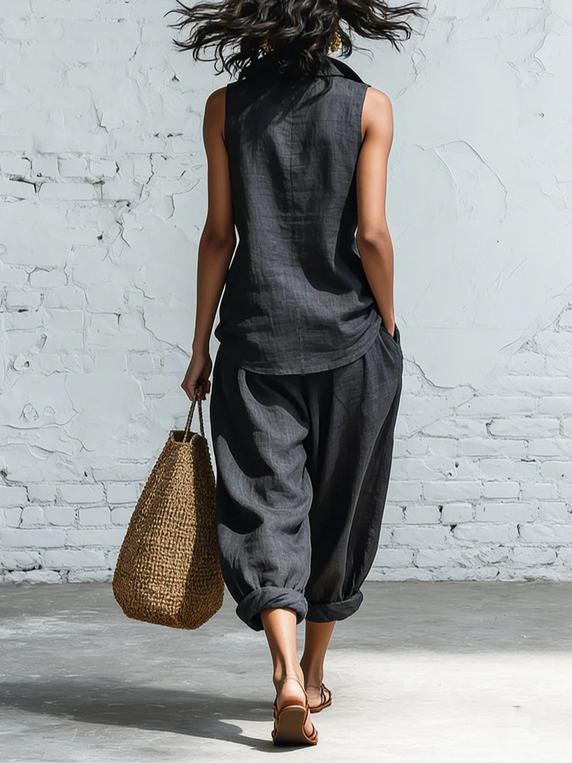 Set Simplu în Două Piese cu Cămașă cu Guler și Pantaloni Largi