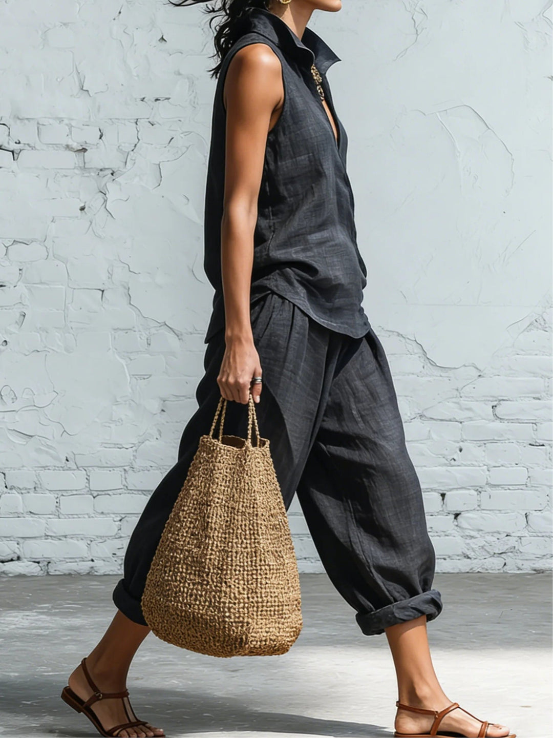 Set Simplu în Două Piese cu Cămașă cu Guler și Pantaloni Largi