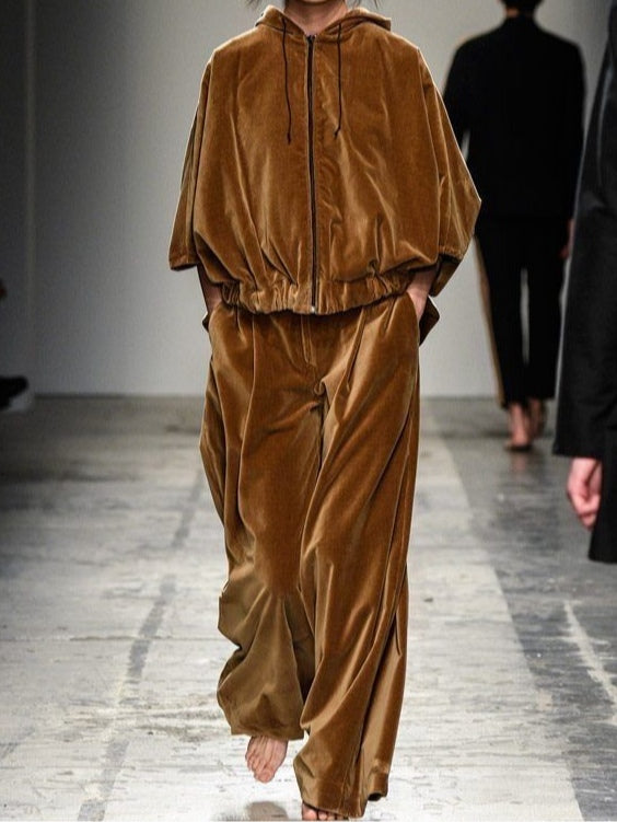 Set Maro din Catifea cu Hanorac cu Fermoar și Pantaloni