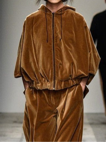 Set Maro din Catifea cu Hanorac cu Fermoar și Pantaloni