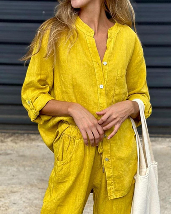 Set Casual în Două Piese Unicolor din Bumbac-In cu Cămașă cu Decolteu V și Pantaloni