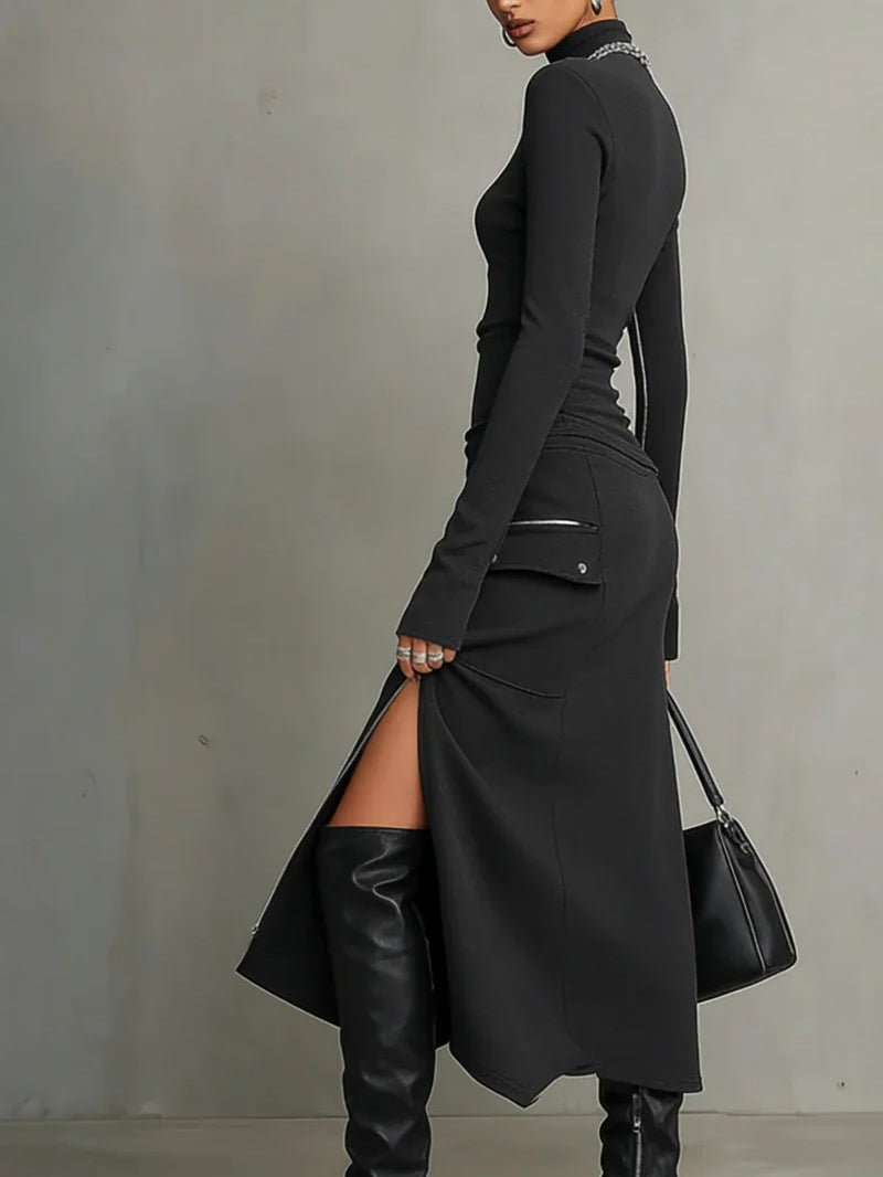 Set cu Guler Înalt, Buzunare și Fermoar Neregulat