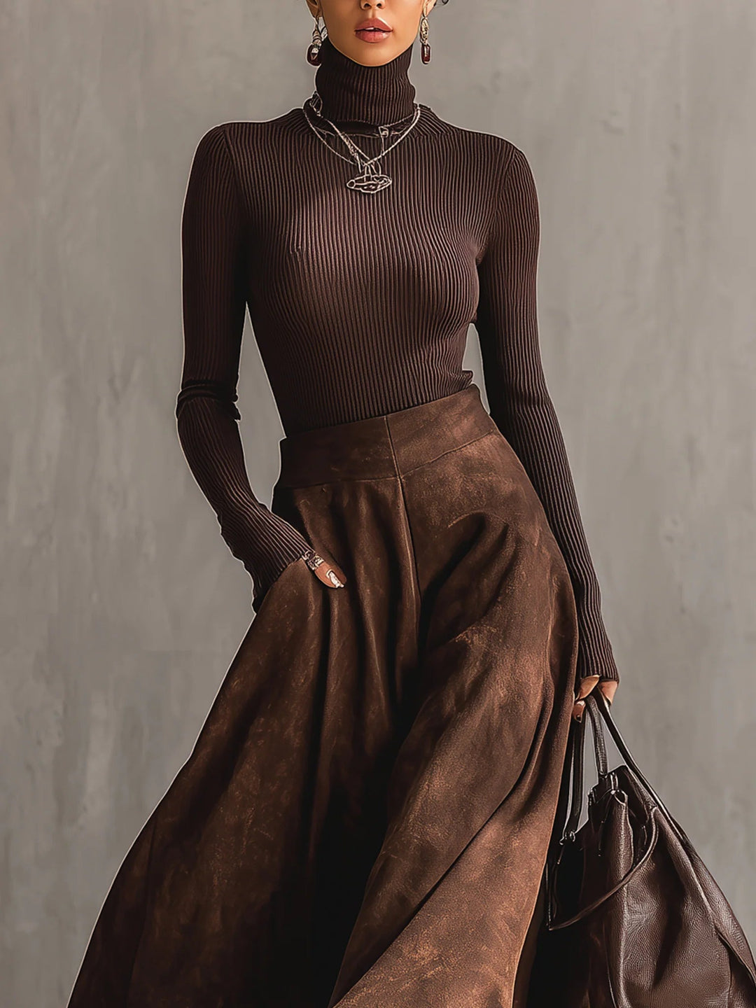 Set cu Fustă Midi din Piele Întoarsă Culoare Cafea