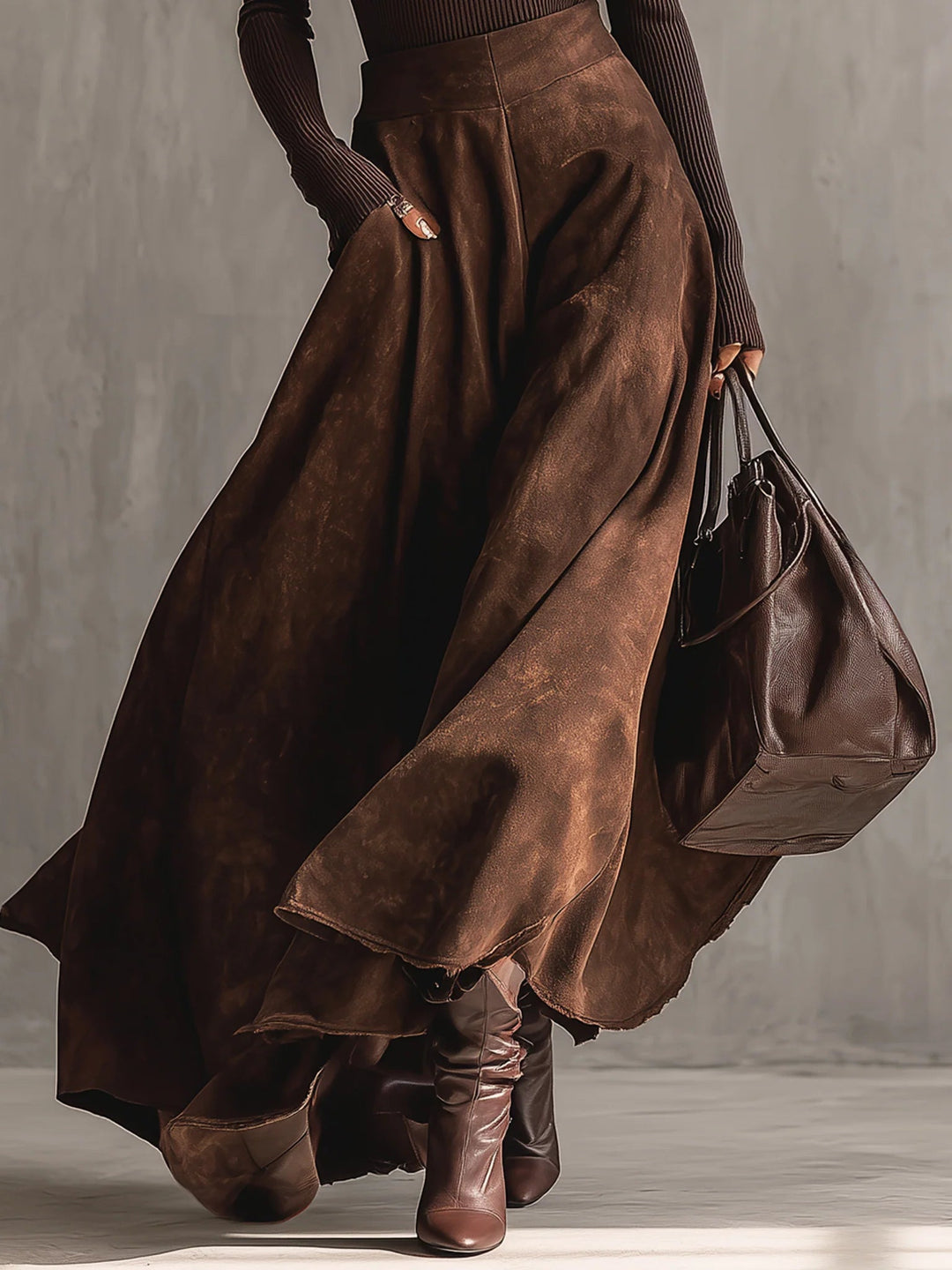Set cu Fustă Midi din Piele Întoarsă Culoare Cafea