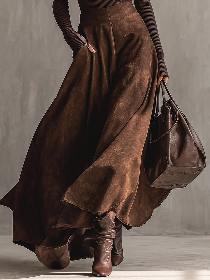 Set cu Fustă Midi din Piele Întoarsă Culoare Cafea