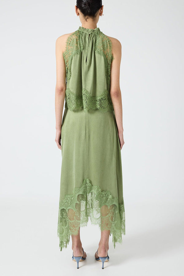 Set cu Top cu Guler Plisai din Dantelă și Fustă cu Crestătură Neregulată