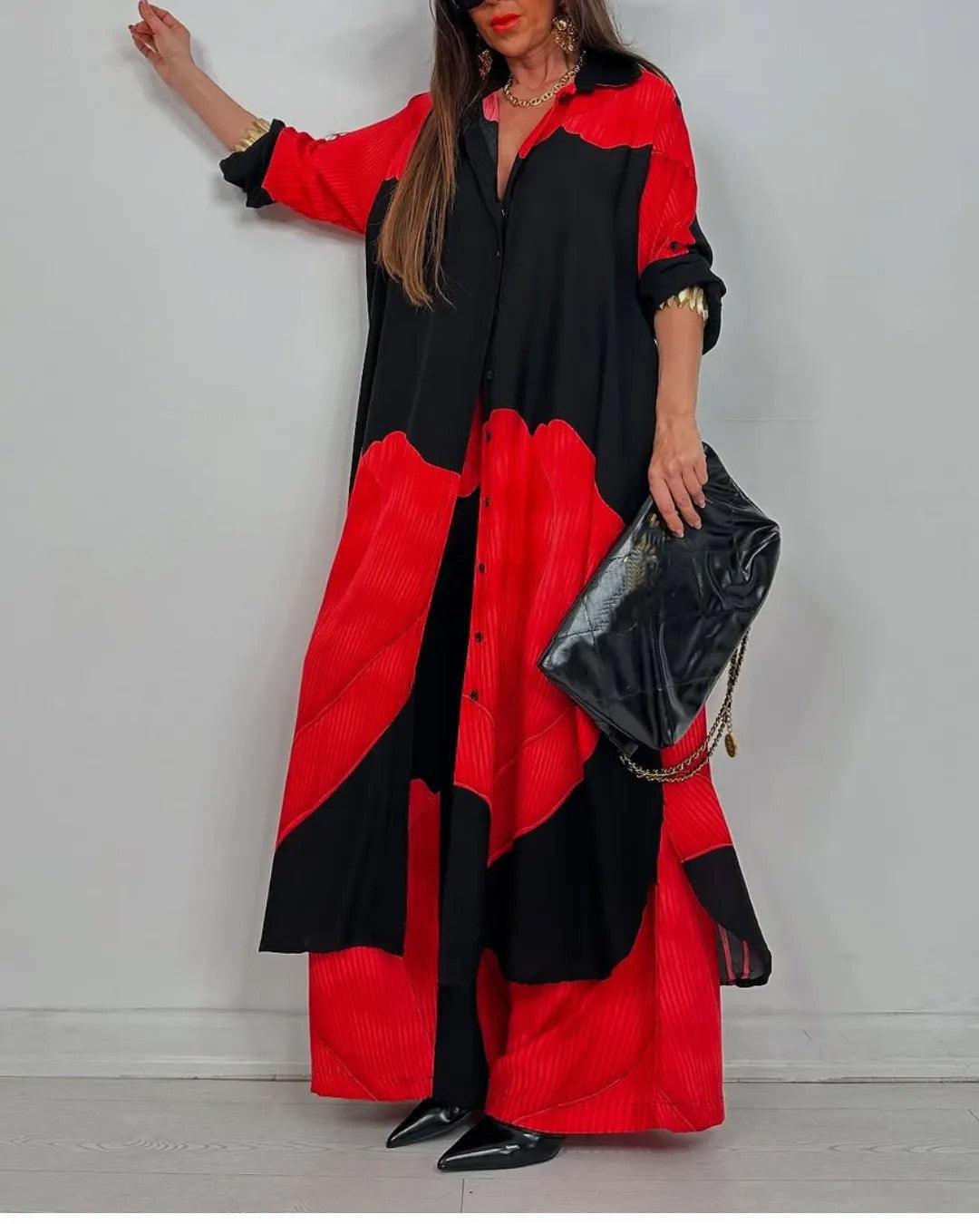 Set Casual Feminin cu Top cu Decolteu V în Tehnica Patchwork și Pantaloni