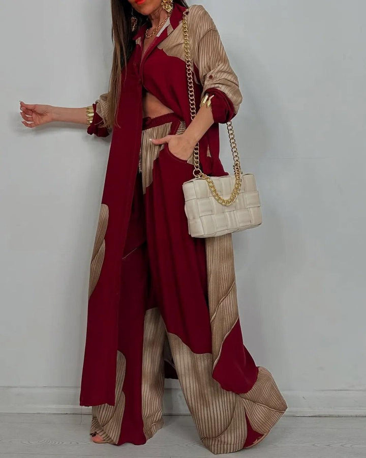 Set Casual Feminin cu Top cu Decolteu V în Tehnica Patchwork și Pantaloni