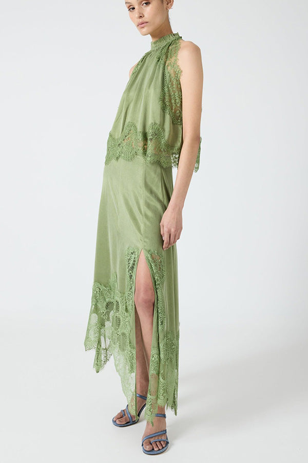 Set cu Top cu Guler Plisai din Dantelă și Fustă cu Crestătură Neregulată