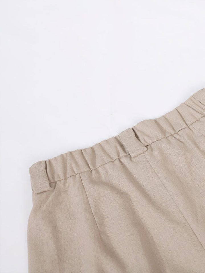 Costum Clasic din Bumbac-In cu Decolteu V, Pantaloni Largi Plisați