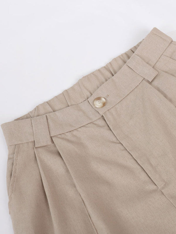 Costum Clasic din Bumbac-In cu Decolteu V, Pantaloni Largi Plisați