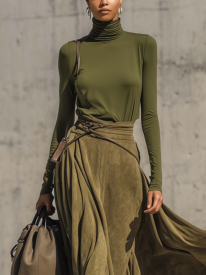 Set Verde Olive cu Top Elastic cu Guler Turtleneck și Fustă Maxi din Imitație Piele Întoarsă (cu centură)