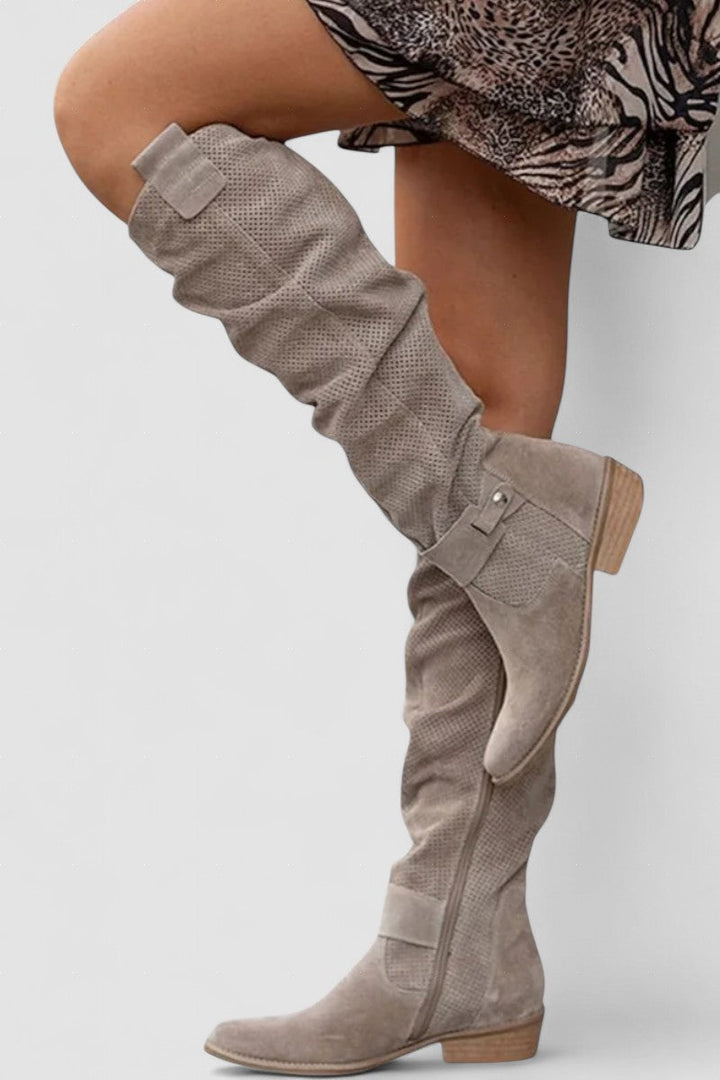 Romani – Cizme de Damă Până la Genunchi din Suede cu Toc Mic