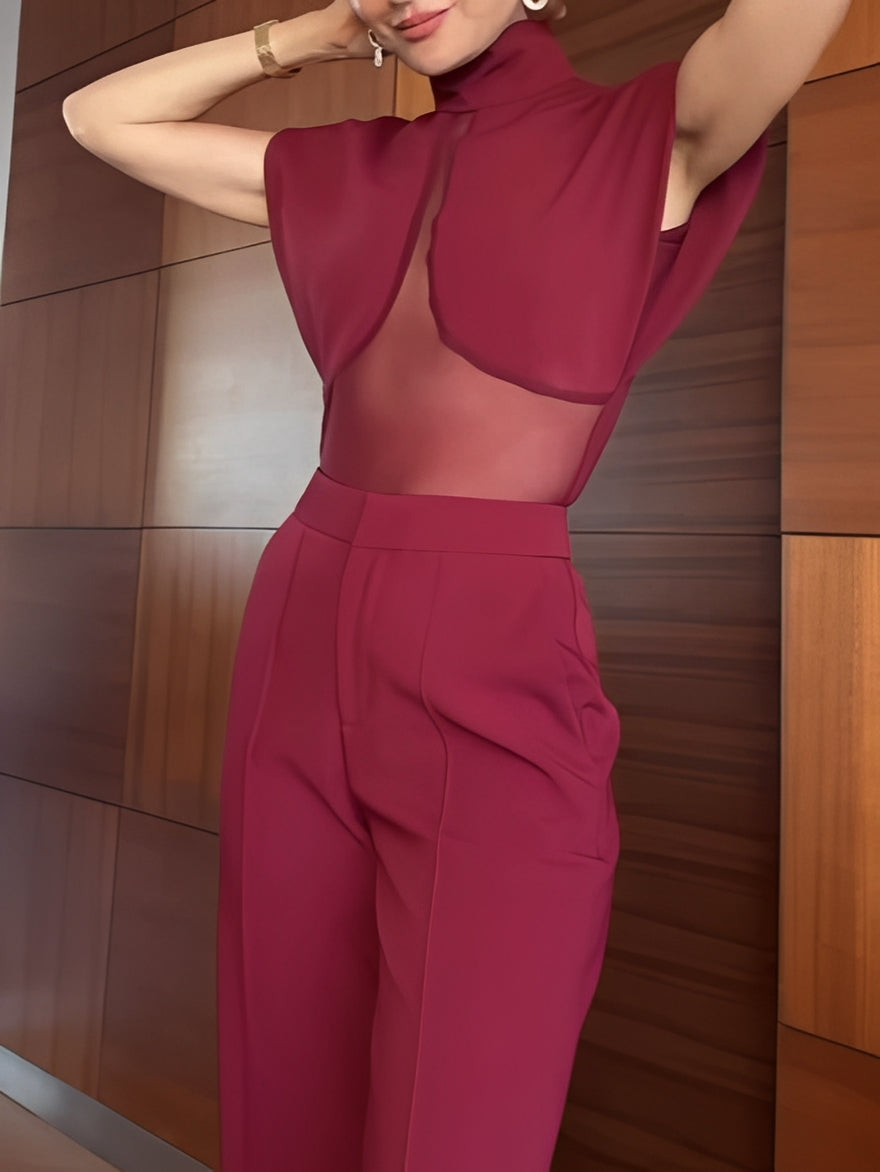 Set Burgundy cu Top din Plasă Transparentă în Tehnica Patchwork și Pantaloni