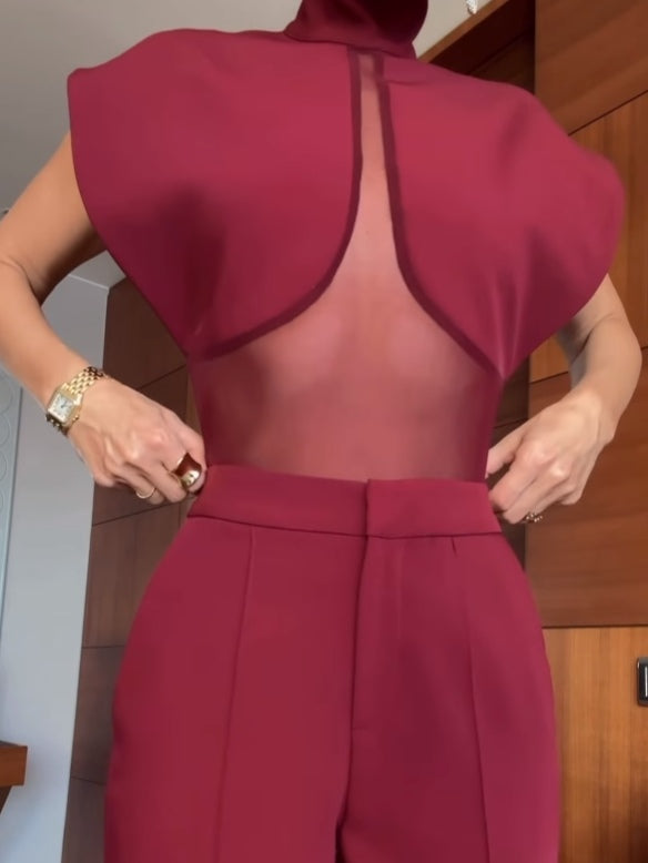 Set Burgundy cu Top din Plasă Transparentă în Tehnica Patchwork și Pantaloni