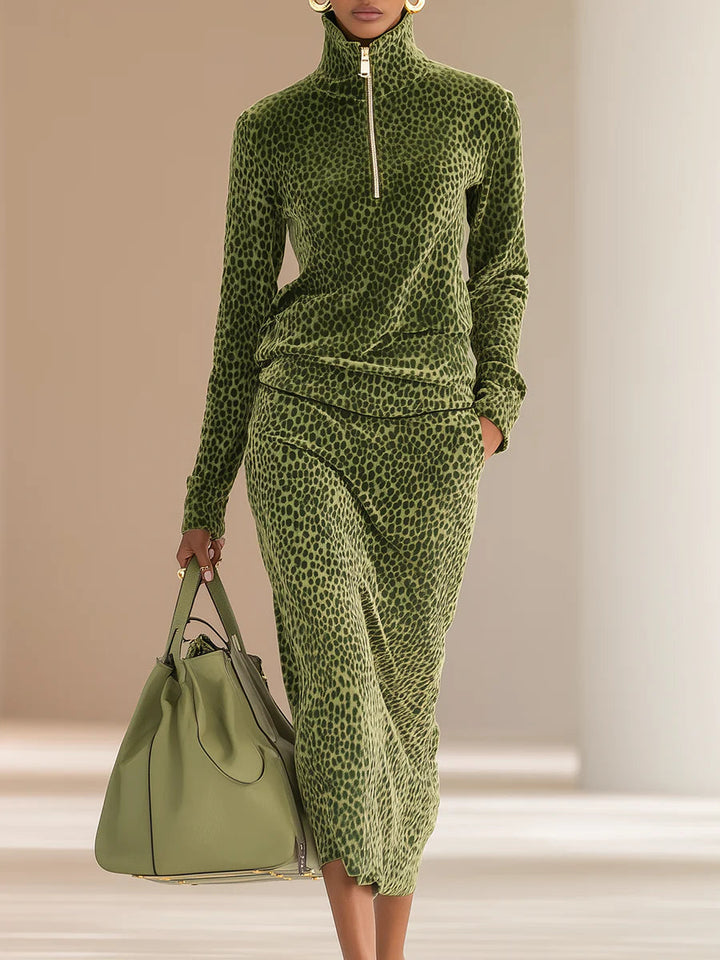 Set Retro din Catifea cu Imprimeu Leopard și Guler Înalt