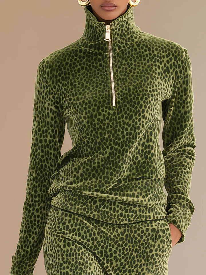 Set Retro din Catifea cu Imprimeu Leopard și Guler Înalt