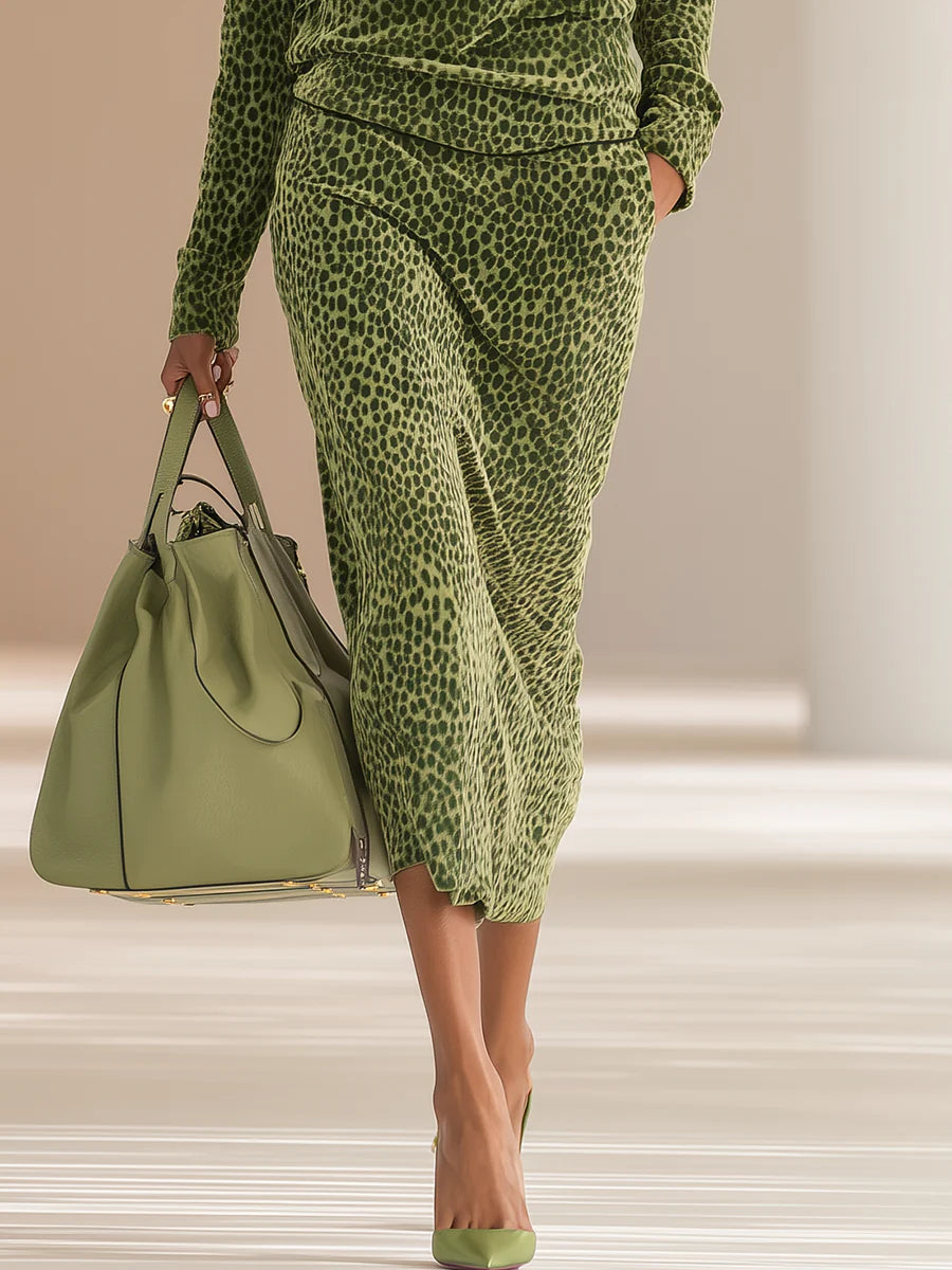 Set Retro din Catifea cu Imprimeu Leopard și Guler Înalt