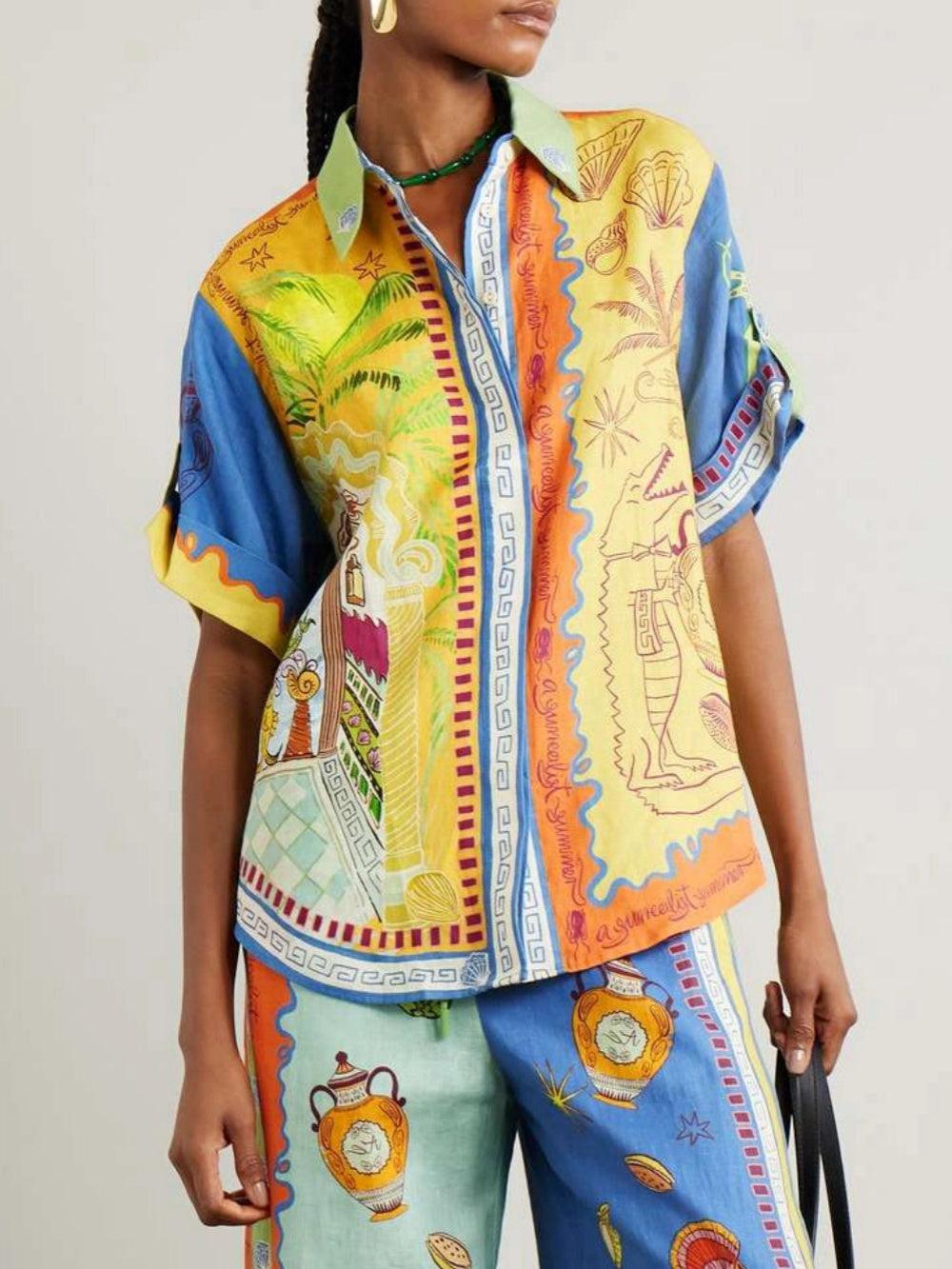 Set de Vară cu Top Lejer cu Mâneci Scurte și Pantaloni cu Imprimeu Fantastic