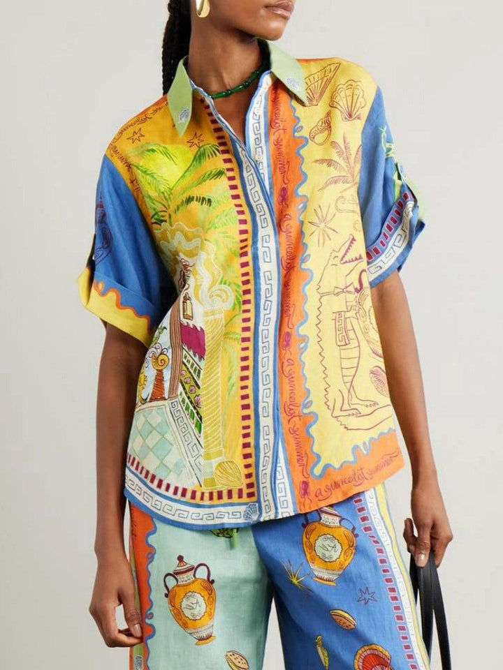 Set de Vară cu Top Lejer cu Mâneci Scurte și Pantaloni cu Imprimeu Fantastic