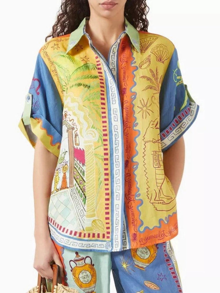 Set de Vară cu Top Lejer cu Mâneci Scurte și Pantaloni cu Imprimeu Fantastic