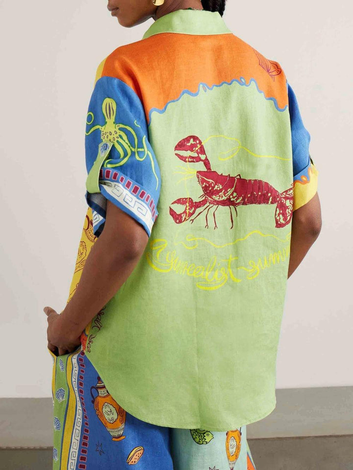 Set de Vară cu Top Lejer cu Mâneci Scurte și Pantaloni cu Imprimeu Fantastic