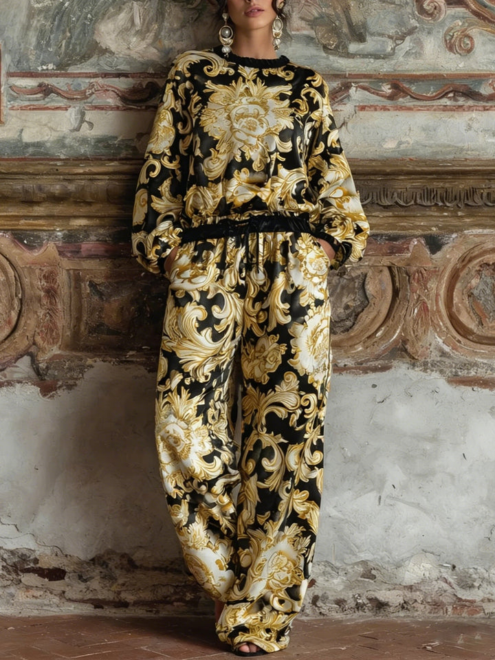 Set de Relaxare cu Top cu Mâneci Lungi și Pantaloni Largi cu Imprimeu Floral Baroc