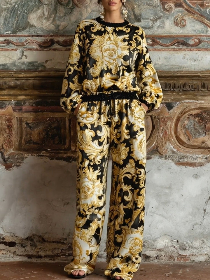 Set de Relaxare cu Top cu Mâneci Lungi și Pantaloni Largi cu Imprimeu Floral Baroc