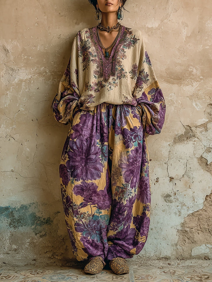 Set Boem cu Top Lejer cu Decolteu V și Pantaloni Largi cu Imprimeu Floral