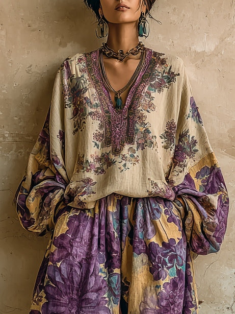 Set Boem cu Top Lejer cu Decolteu V și Pantaloni Largi cu Imprimeu Floral