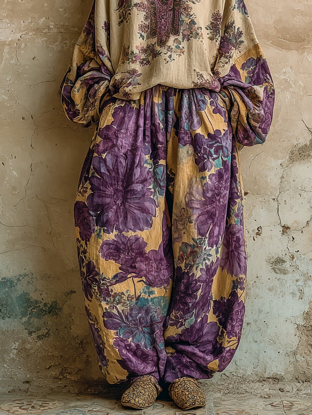 Set Boem cu Top Lejer cu Decolteu V și Pantaloni Largi cu Imprimeu Floral