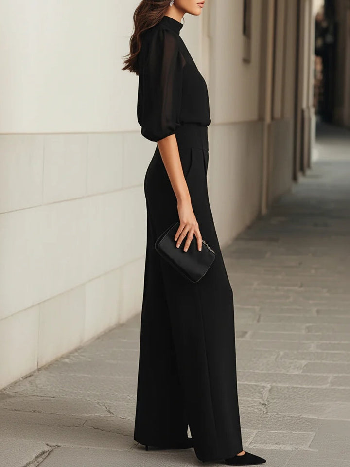 Set în Trei Piese Negru cu Maiou Transparent și Pantaloni Largi