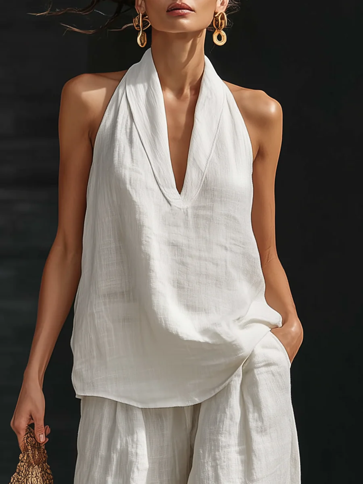 Set Alb din Imitație In cu Top fără Mâneci cu Decolteu V și Pantaloni Largi