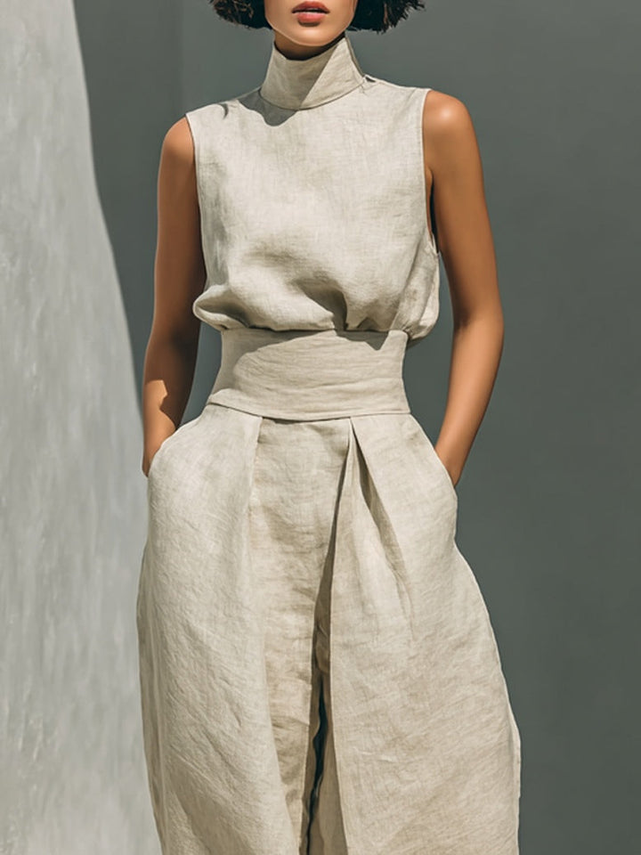 Set Top Fără Mâneci și Pantaloni Largi din Amestec Bumbac-In Bej